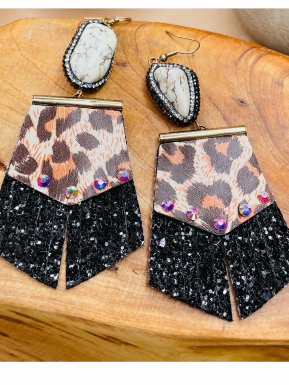 Western Women’s Black Leopard Statement Drop Earrings with White Stone Accent